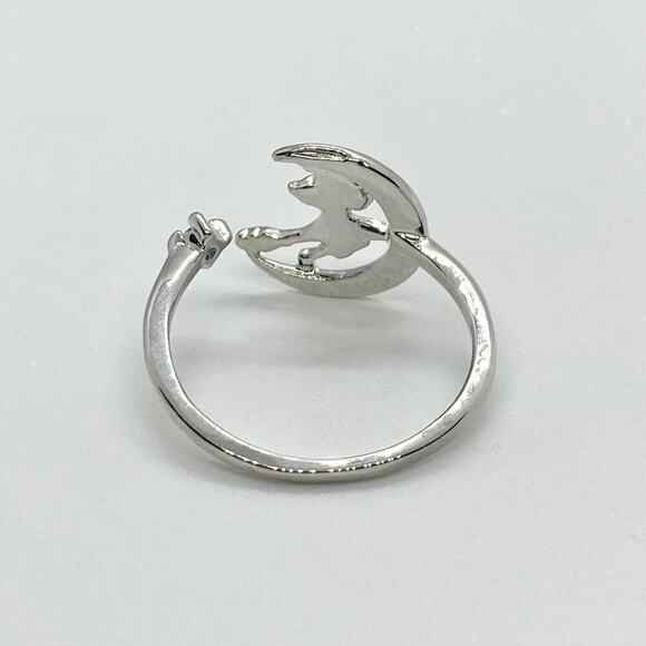 Adjustable Silver Tone Crescent Moon Witch Ring with CZ Stone - Picture 6 of 9